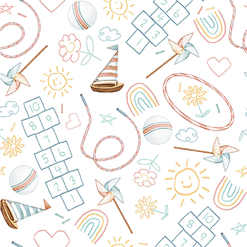 White fabric with chalk drawings of little boats, pinwheels, hopscotch, jump rope, and more