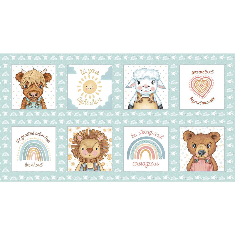 Fabric panel featuring 8 blocks with adorable baby animals wearing overalls, hearts, and rainbows