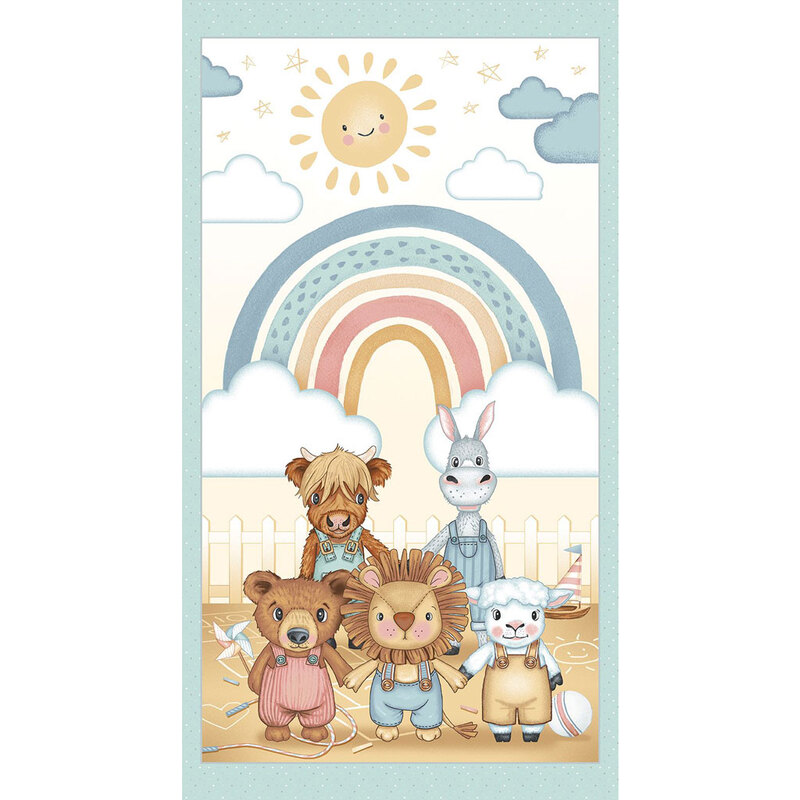 Adorable fabric panel with baby bears, lions, sheep, donkeys, and cows wearing overalls
