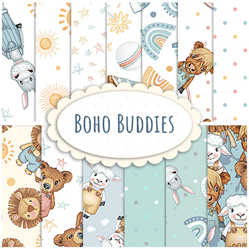 A collage of colorful children's fabrics in the Boho Buddies fabric collection