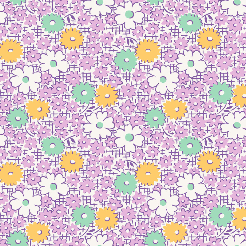 Fabric with mint, yellow, and white flowers with scattered smaller purple flowers on a darker purple crosshatched background.