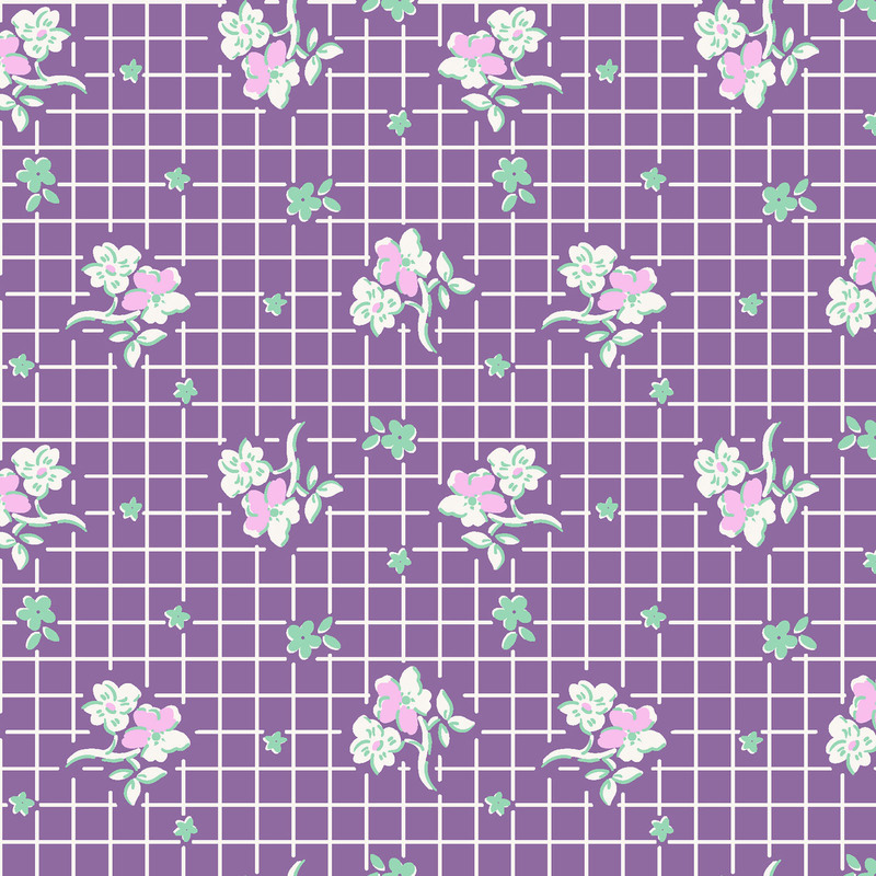Purple fabric with white, purple and mint green flowers in rows on a white gridded background.
