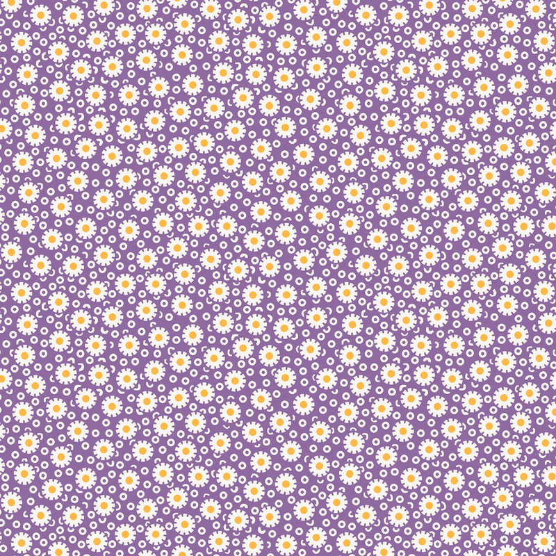Purple fabric with simplified daisies on a background of small, thick circles.