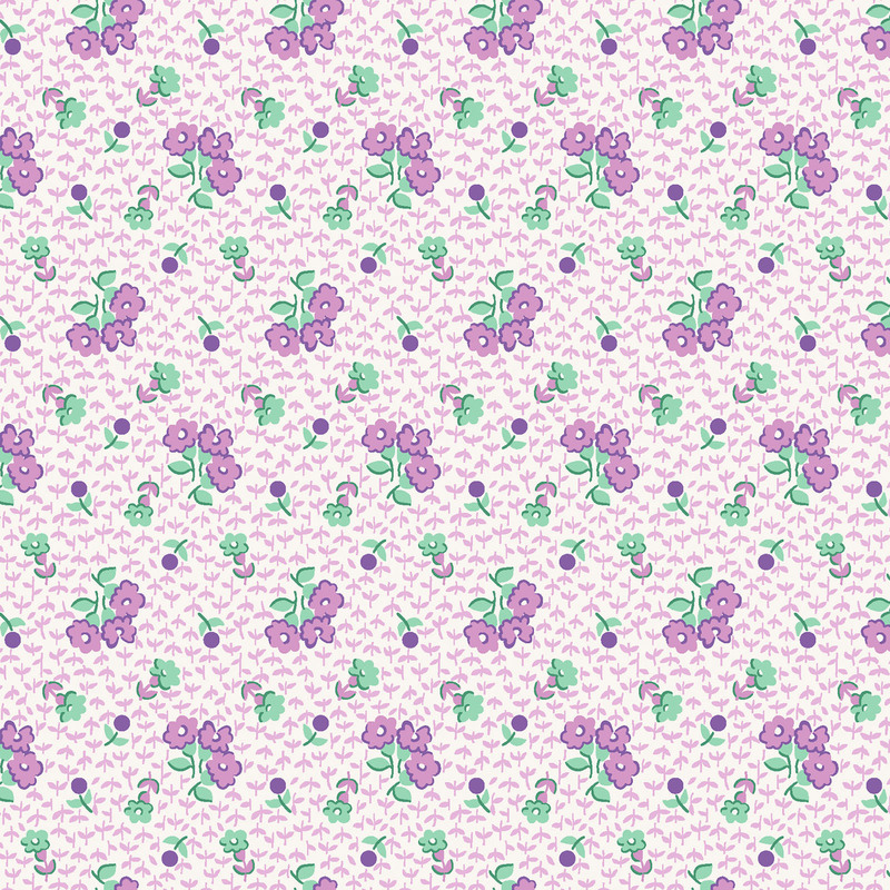 White fabric with neat rows of bundles of purple flowers on a background with scattered purple flower stems.
