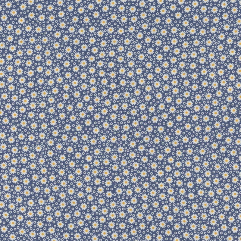 Navy fabric with simplified daisies on a background of small, thick circles.