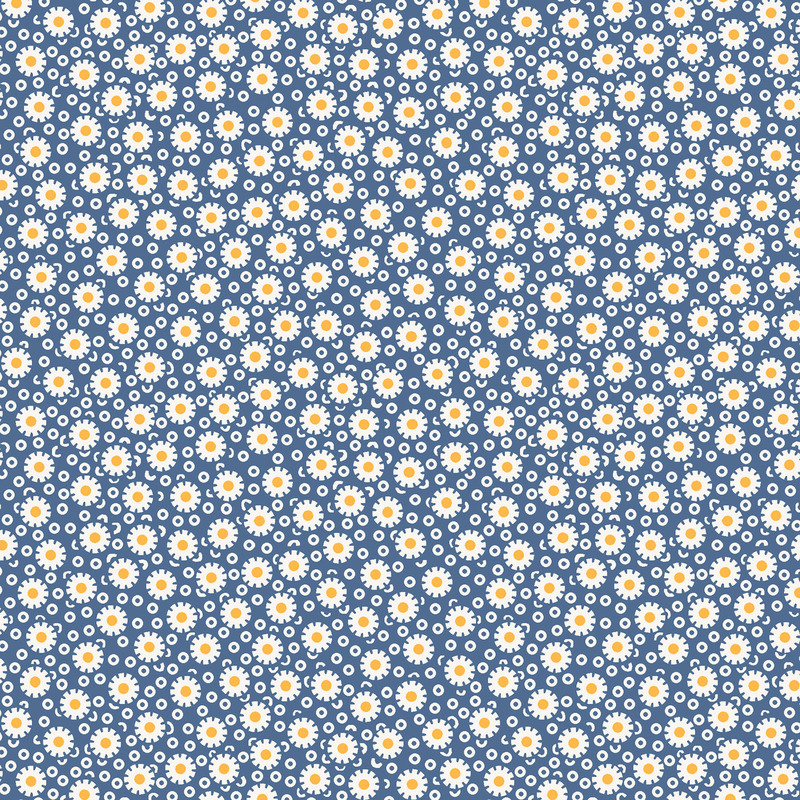 Navy fabric with simplified daisies on a background of small, thick circles.