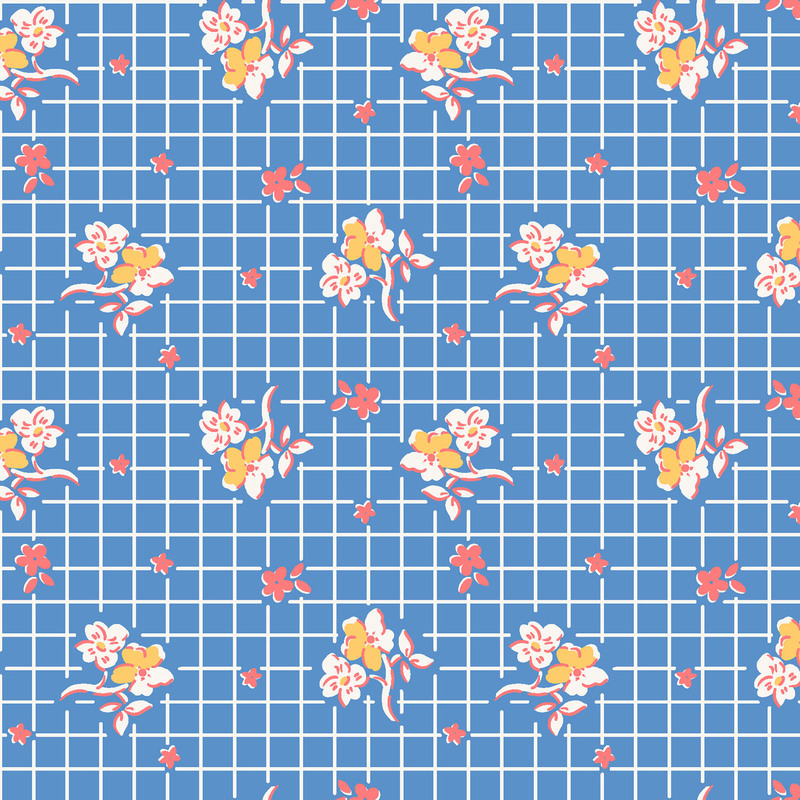 Blue fabric with white, pink and yellow flowers in rows on a white gridded background.