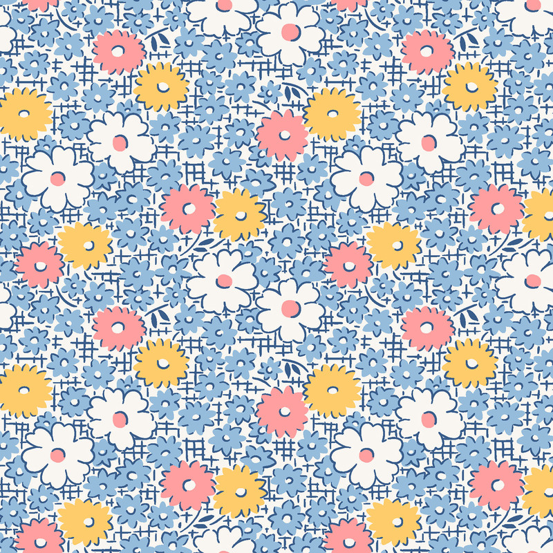 Fabric with pink, yellow, and white flowers with scattered smaller blue flowers on a darker blue crosshatched background.