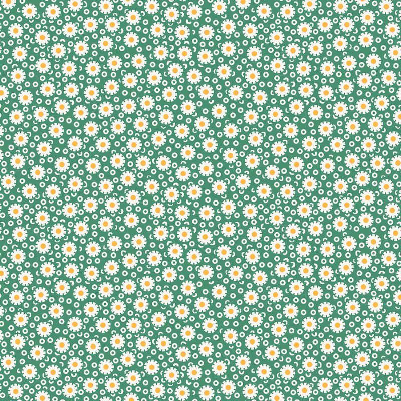 Green fabric with simplified daisies on a background of small, thick circles.
