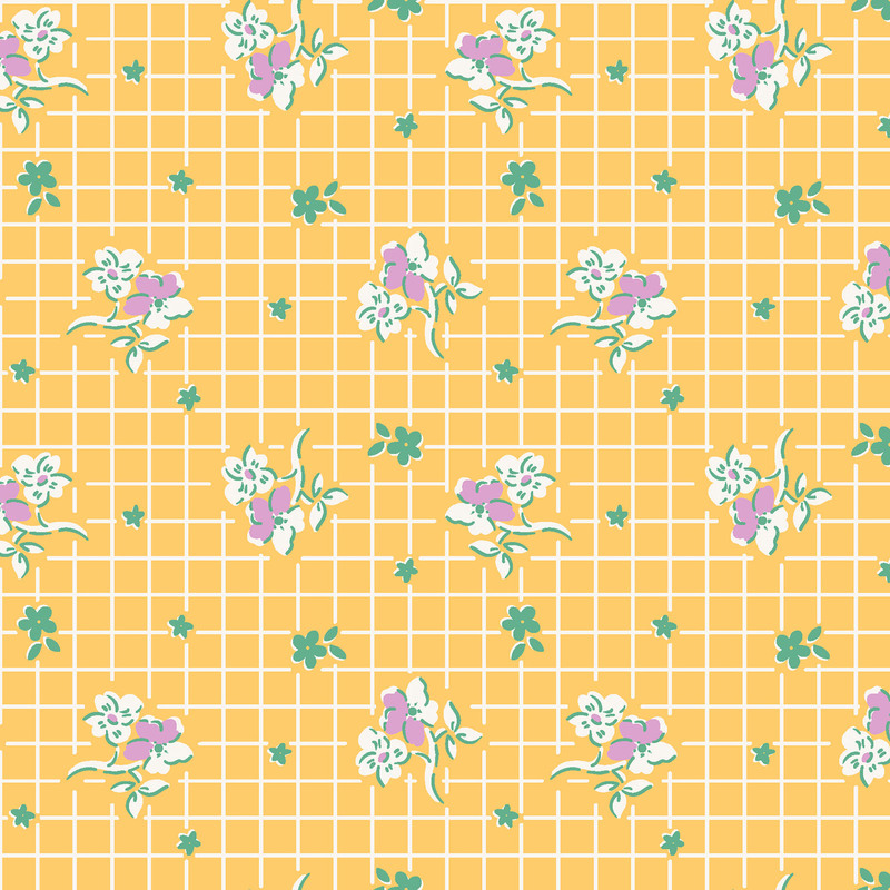 Yellow fabric with white, purple and green flowers in rows on a white gridded background.
