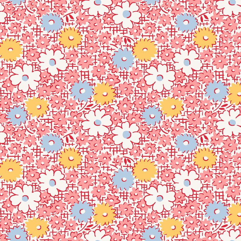 Fabric with blue, yellow, and white flowers with scattered smaller pink flowers on a darker pink crosshatched background.