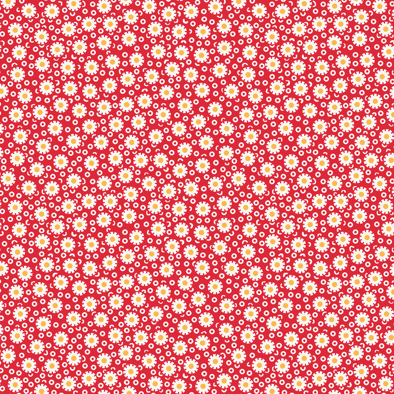 Red fabric with simplified daisies on a background of small, thick circles.