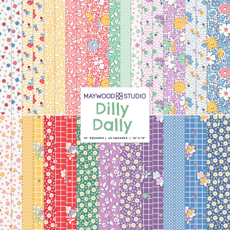 A collage of the fabrics included in the Dilly Dally 10