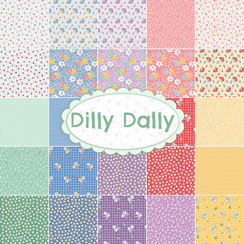 A collage of the fabrics included in the Dilly Dally FQ Set.