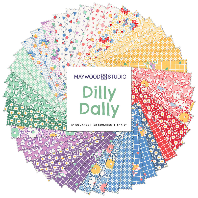A spiral collage of the fabrics included in the Dilly Dally 5