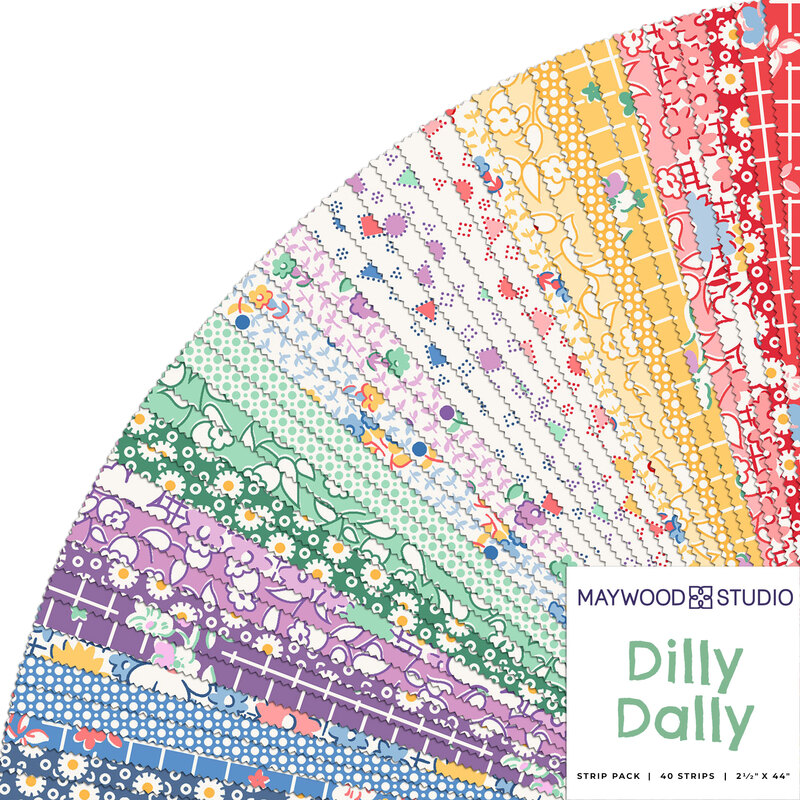 A fanned collage of the fabrics included in the Dilly Dally 2-1/2