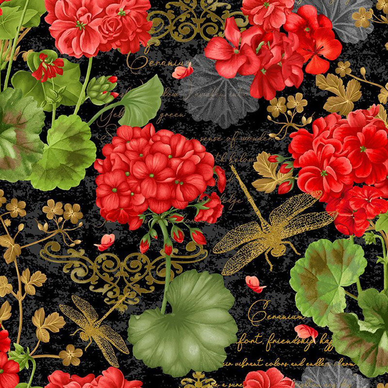 Black fabric with sprigs of red geraniums and gold accents of dragonflies, words, and scroll detailing. 