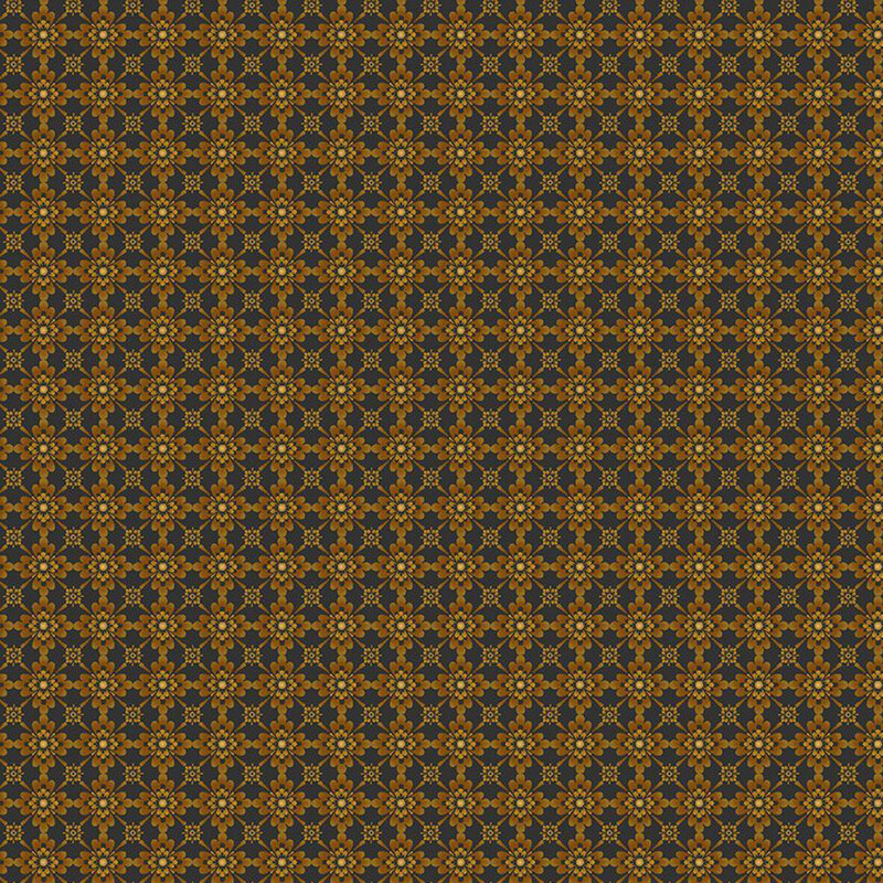 Black fabric with a gold geometric flower pattern.