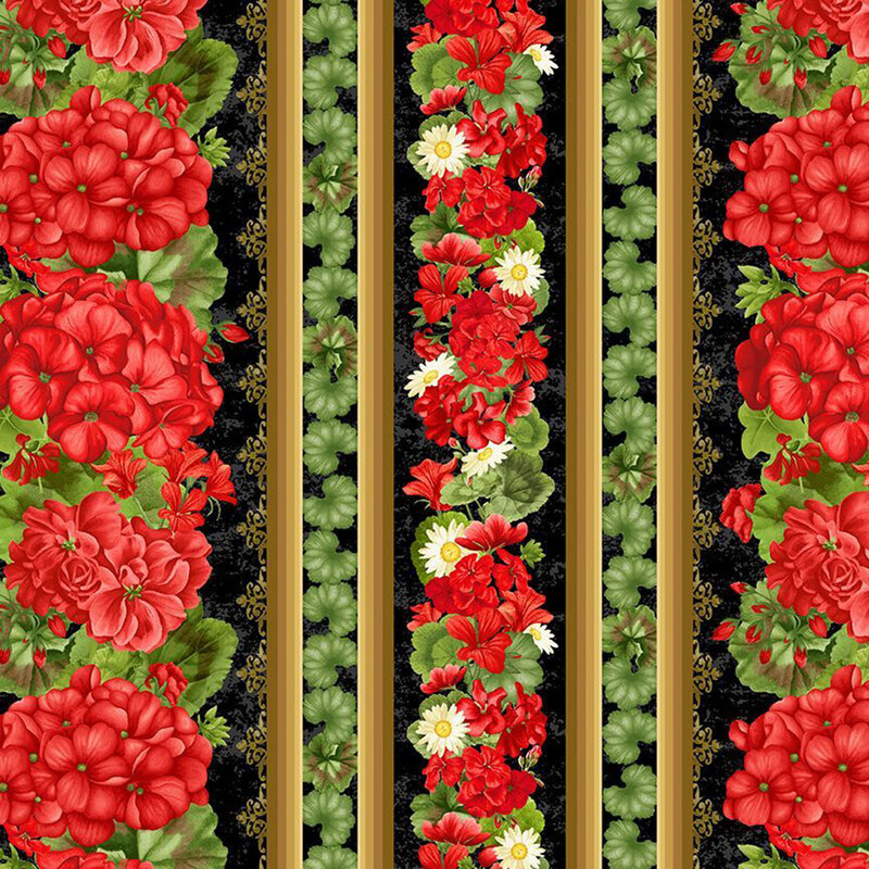 Black fabric with varied rows of large red geraniums, gold stripes with wide fanning leaves, and a bouquet of red geraniums, geranium leaves, and daisies.