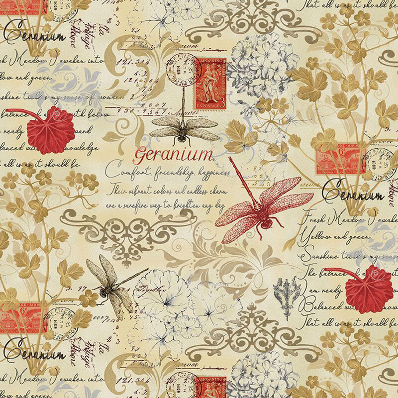 Cream fabric with scattered garden motifs of red dragonflies and geranium leaves, with ornate gold scroll detailing and flower language.