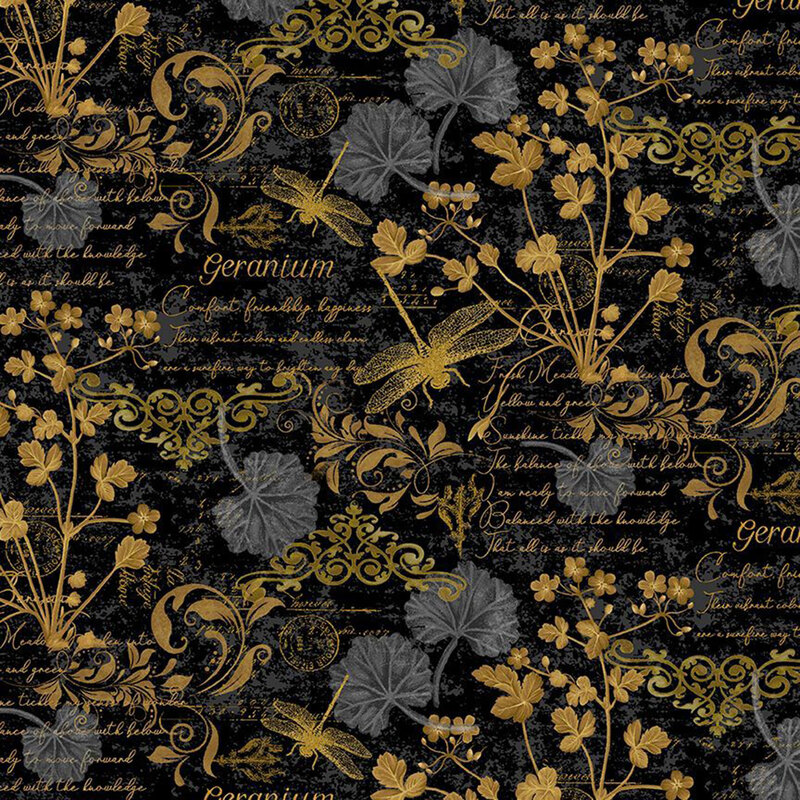 Black fabric with gold detailing of dragonflies, geranium leaves, and flower language.