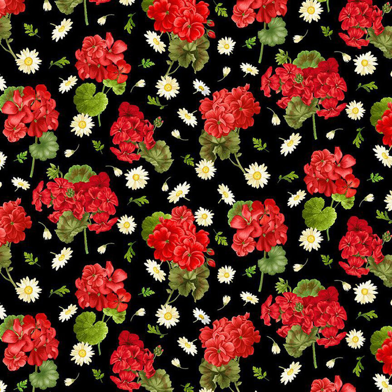 Black fabric with scattered clusters of red geranium sprigs and daisies.