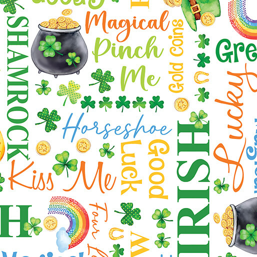 White fabric featuring St. Patricks Day motifs and sayings