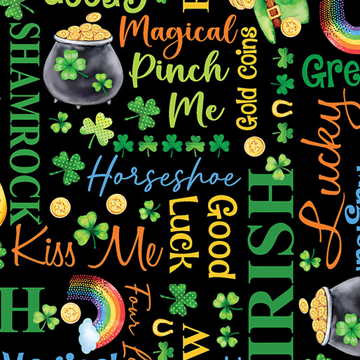 Black fabric featuring St. Patricks Day motifs and sayings