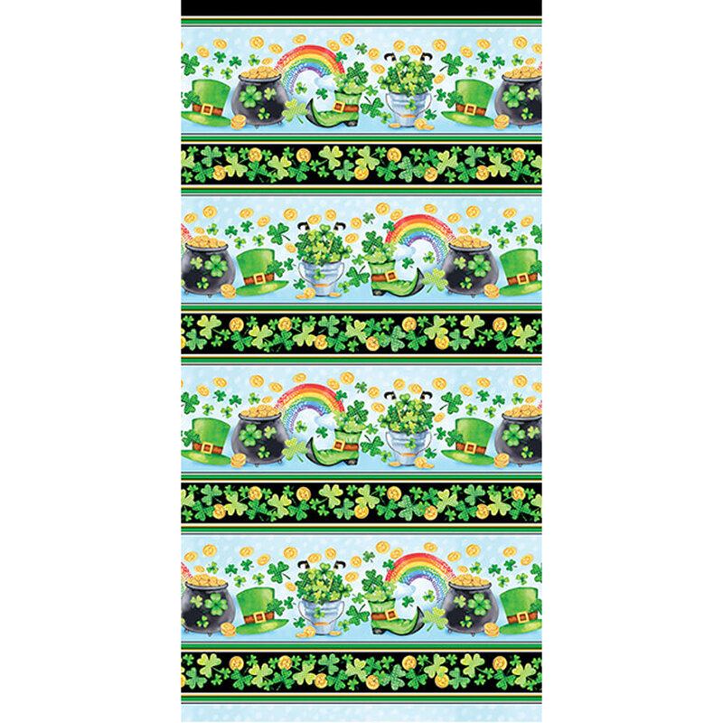 Border stripe fabric featuring St. Patricks Day Motifs such as pots of gold, rainbows and shamrocks