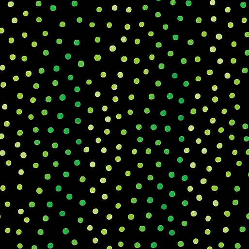 Black fabric featuring dots in various shades of green