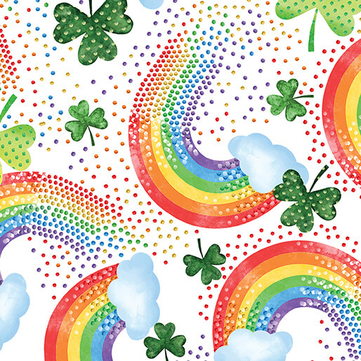 White fabric featuring rainbows, shamrocks, and colorful dots