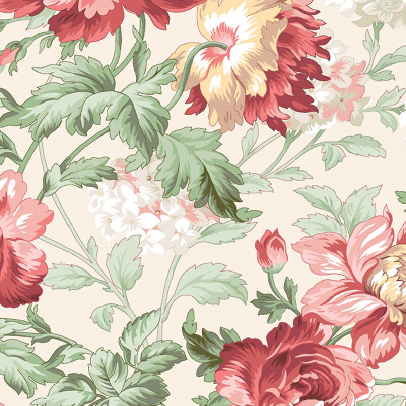A swatch of cream fabric with large multicolored roses and long leafy stems.
