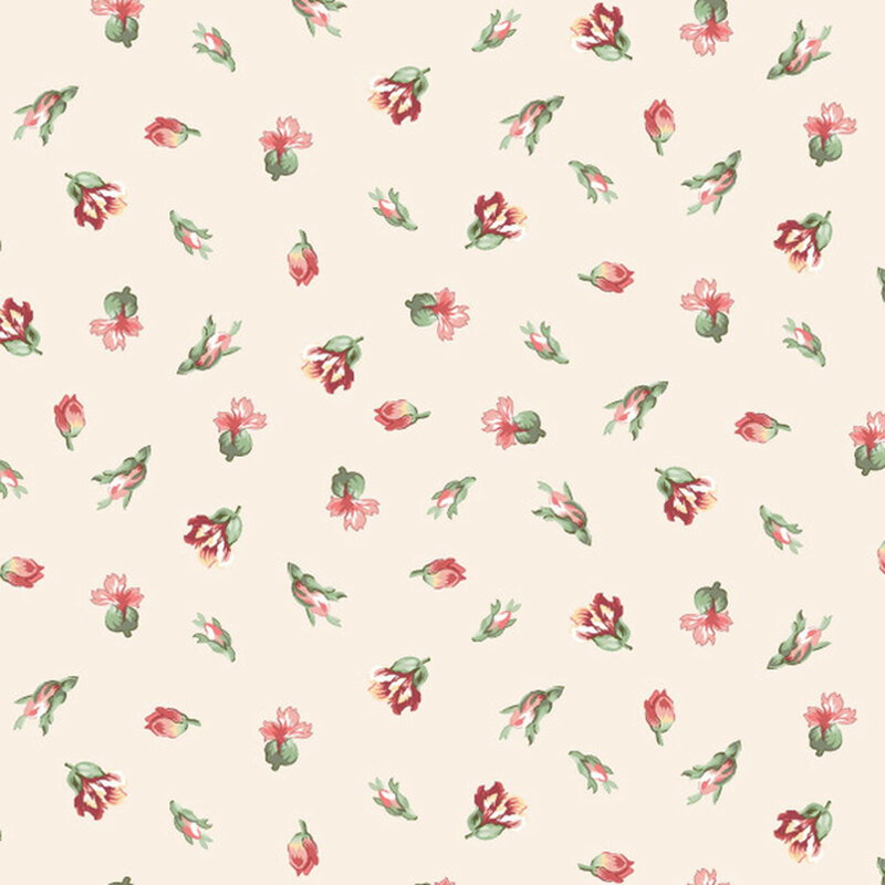 A swatch of cream fabric with tossed rosebuds in different stages of bloom.