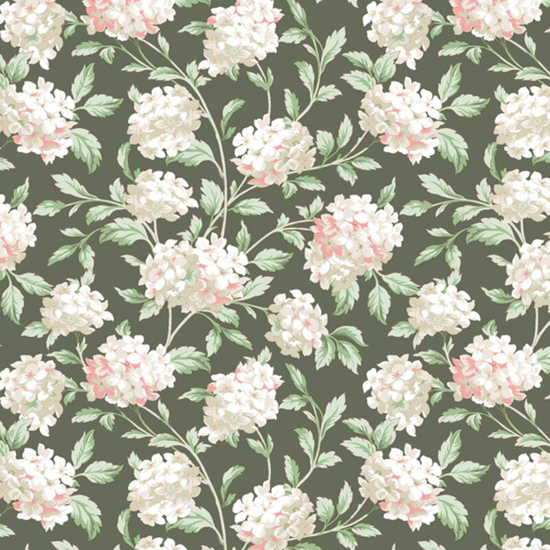 A swatch of green fabric with scattered bunches of pinkish white hydrangea flowers.