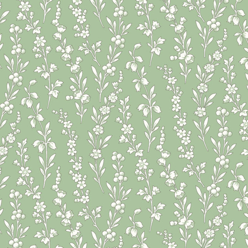 A swatch of light green fabric with vertical lines of thin flower stems.