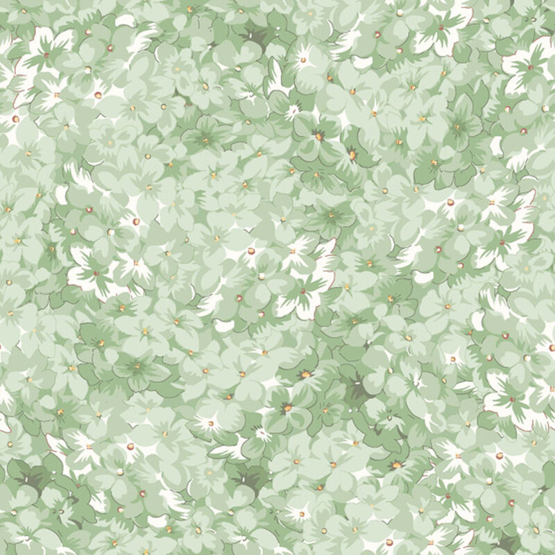 A swatch of green fabric with a packed pattern of flowers in light and dark shades and variegated versions.