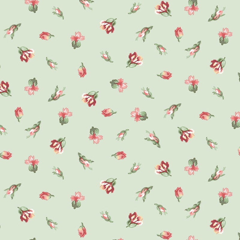 A swatch of light green fabric with tossed rosebuds in different stages of bloom.