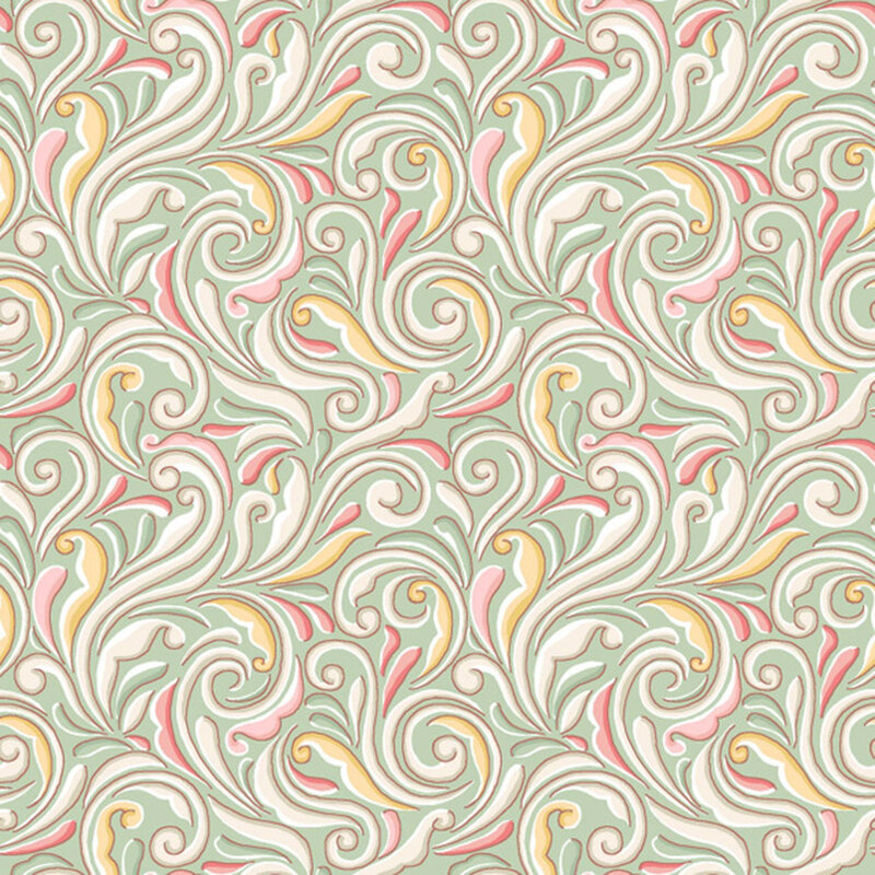 A swatch of green fabric with swirls in shades of cream, yellow, and red.