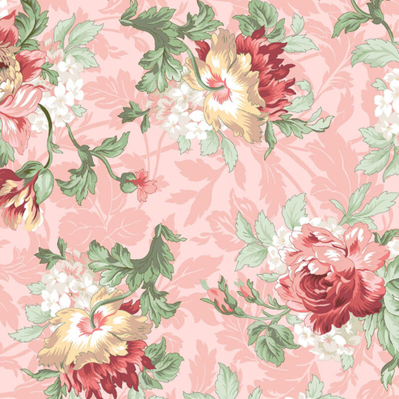 A swatch of pink fabric with large multicolored roses and long leafy stems on a tonal shadowed background..