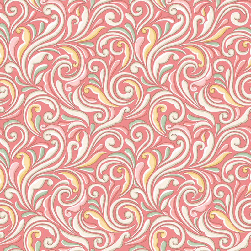 A swatch of pink fabric with swirls in shades of cream, yellow, and red.