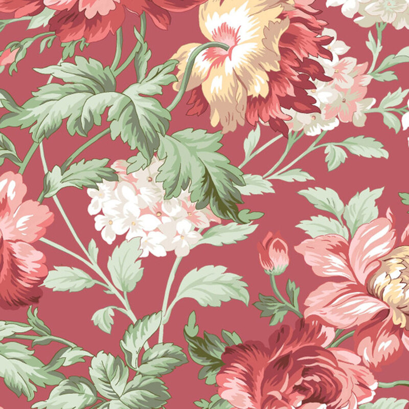 A swatch of red fabric with large multicolored roses and long leafy stems.