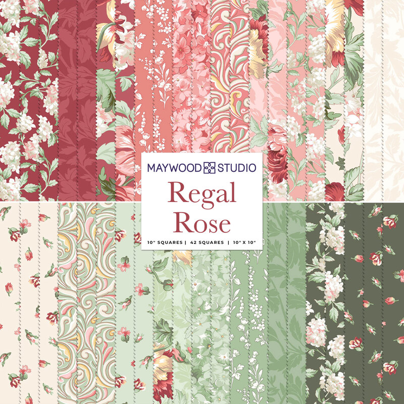 A collage of fabrics in shades of red, white, and green, available in the Regal Rose 10