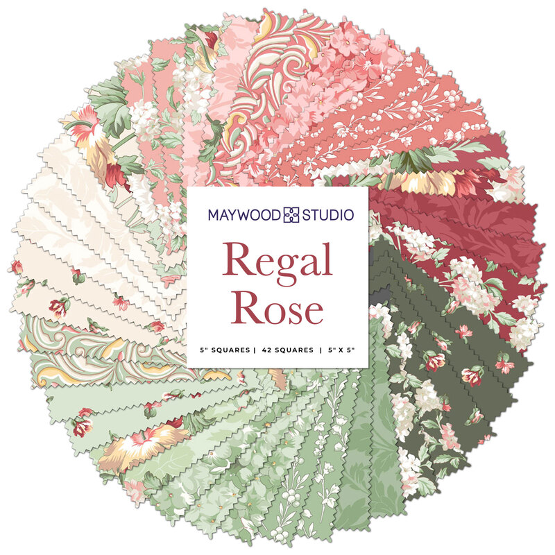 A spiral collage of fabrics in shades of red, white, and green, available in the Regal Rose 5