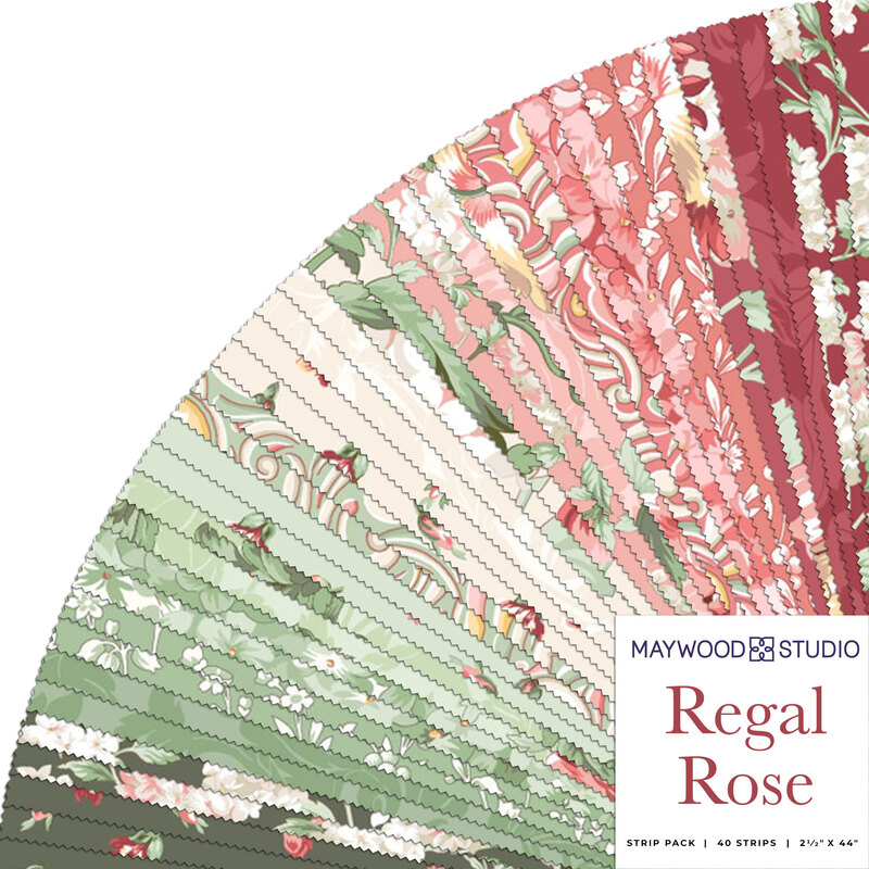 A fanned collage of fabrics in shades of red, white, and green, available in the Regal Rose 2-1/2