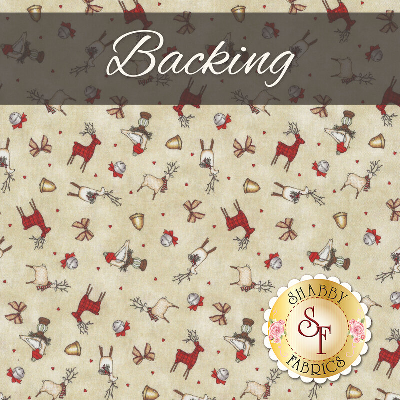 A patterned fabric background featuring reindeer, snowmen, and Christmas bells in various colors on a light beige background, with the word Backing at the top and a logo for Shabby Fabrics at the bottom.