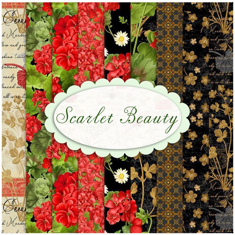 A collage of black, green, red, and cream fabrics in the Scarlet Beauty collection.
