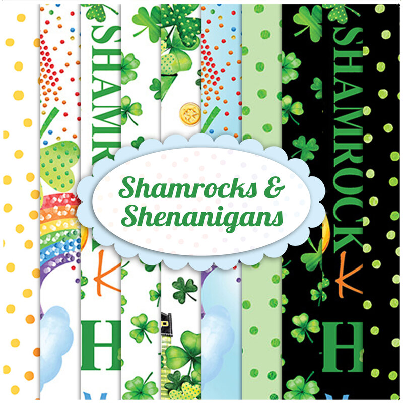 Collage of fabrics in the Shamrocks & Shenanigans collection featuring St Patricks day motifs