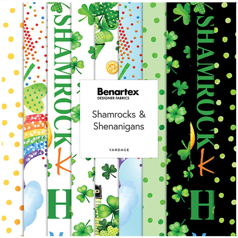 Collage of fabrics in the Shamrocks & Shenanigans collection featuring St Patricks day motifs