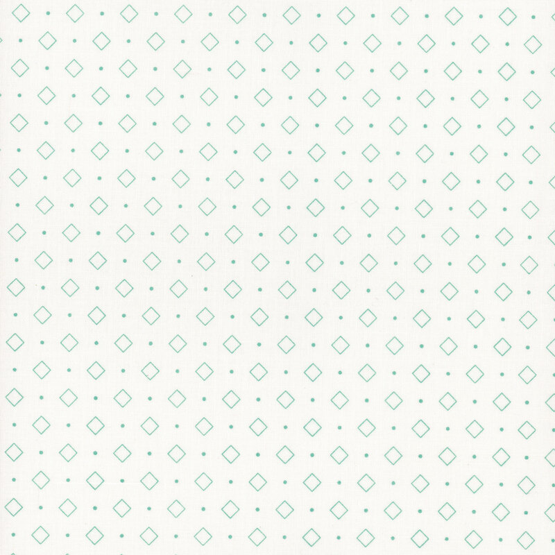 White fabric with alternating rows of turquoise polka dots and outlined diamonds.