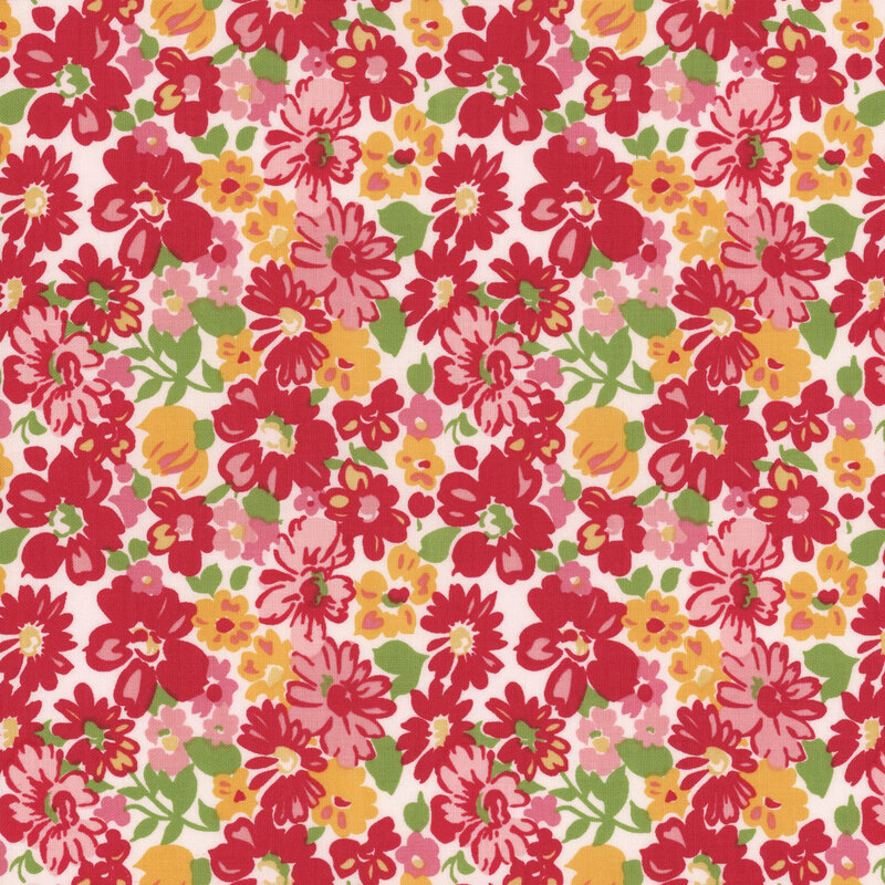 White fabric packed with red, pink, and yellow flowers